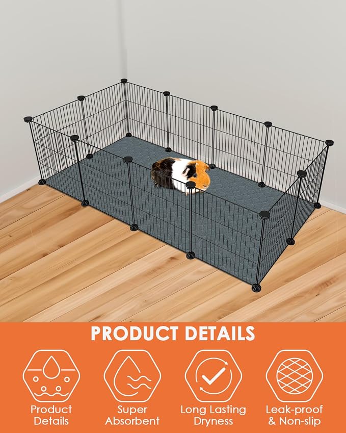 Bissap 2‑Pack Guinea Pig Cage Liners, 47''X24'' Pet Pee Pad Bedding, Grey | Non‑slip Waterproof TPU Layer, Super Absorbent, Washable Reusable Bedding for Guinea pig, Rabbit, Hamster, Chinchilla, Rat.