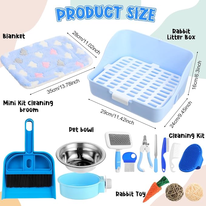 Reallnaive 15 Pcs Rabbit Starter Kit Small Rabbit Litter Box Girls Gift Animal Grooming Kit Bunny Toys Bowl Blankets with Cleaning Set for Guinea Pig Accessories(Candy Blue)