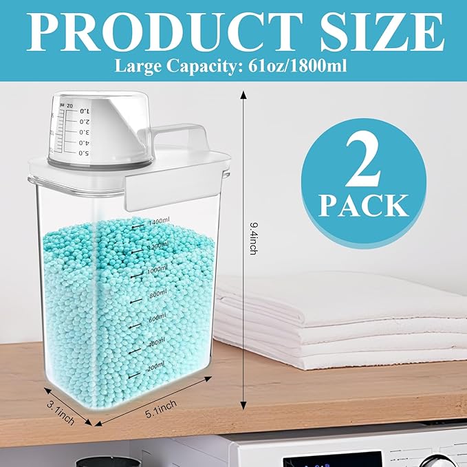 Supkiir 2 Packs Laundry Detergent Dispenser, 61Oz Laundry Powder Holder Container with Lids, PET Scent Booster Beads Dispenser for Organization Washing Powder Soda Powder Grain