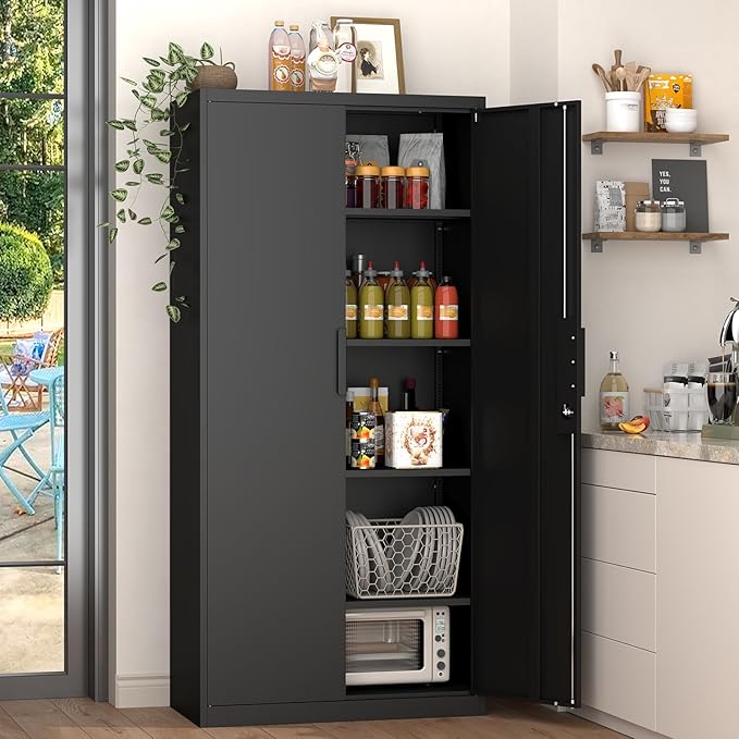 GREATMEET Metal Garage Storage Cabinets, 72" Tall Locking Cabinets with Doors and Shelves, Utility Cabinet with Lock for Garage, Home, Black