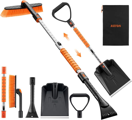 AstroAI 2" 1 Ice Scraper & Snow Shovel Kit, 47.2" Ice Scrapers for Car Windshield and 360° Pivoting Snow Brush, Extendable Snow Shovel with Foam Grip for Car, Trucks, SUVs, Vehicles（Orange）