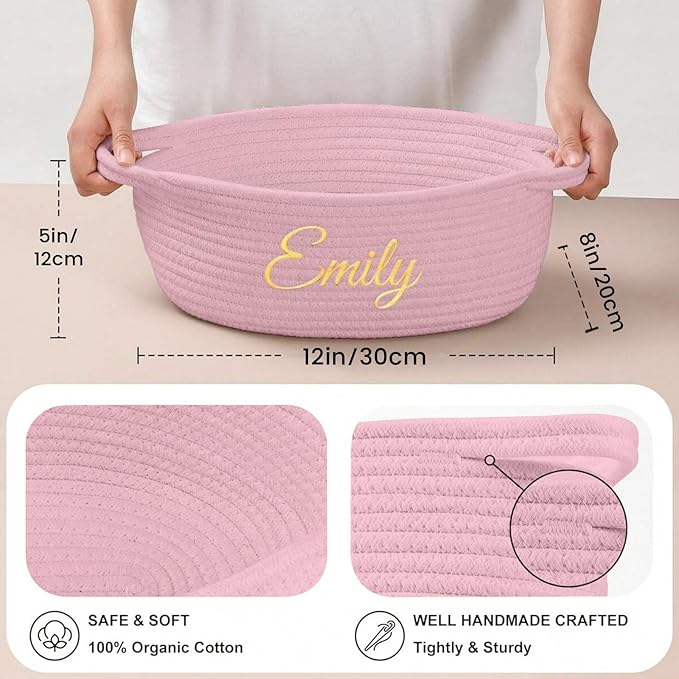 HUTARIO Personalized Woven Christmas Burr Basket Embroidered Name with Gift Bags and Ribbons,Empty Small Rope Basket，Durable Storage Custom Pink Basket with Handles for Baby Showers,12"×8"×5"