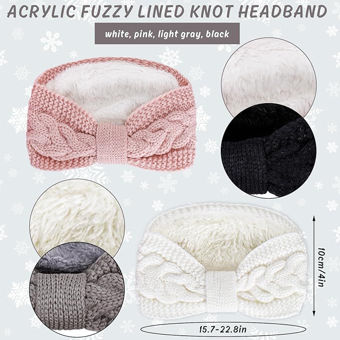 Whaline 4 Pack Twisted Knit Headbands Winter Knotted Head Wraps Fuzzy Lined Headband Thick Crochet Turban Ear Warmer Elastic Hair Band Accessories for Women (White, Pink, Black, Grey)