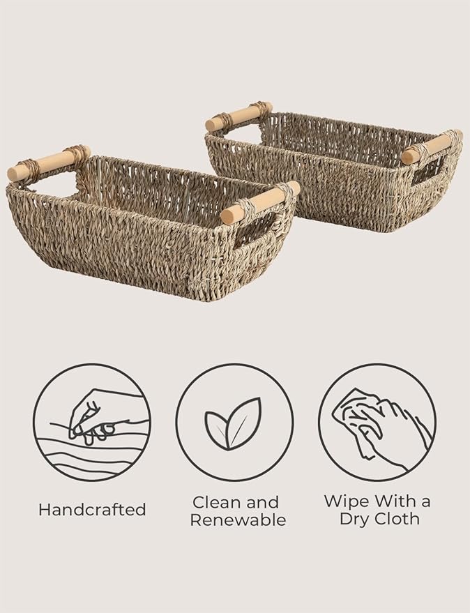 StorageWorks Small Baskets for Bathroom, Seagrass Woven Basket with Wooden Handles for Gifts, 2-Pack