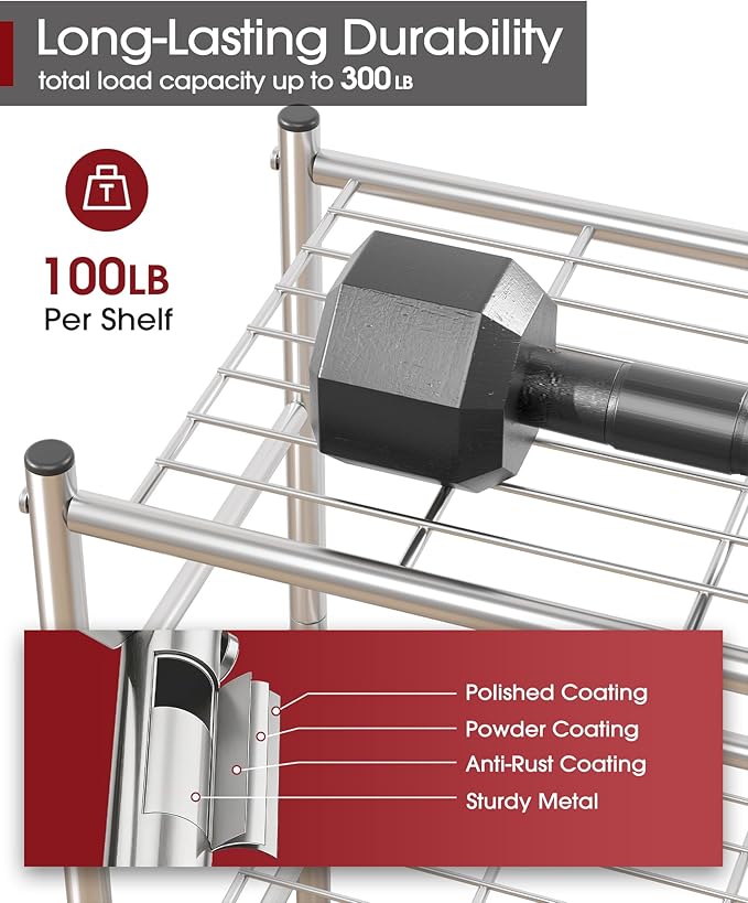 Storage Shelves - 3 Tier Shelf Organizer, Sturdy Metal Shelving with Adjustable Leveling Feet, Space-Saving Shelves Organizer for Pantry, Laundry, Kitchen (18" x 12" x 30", Silver)