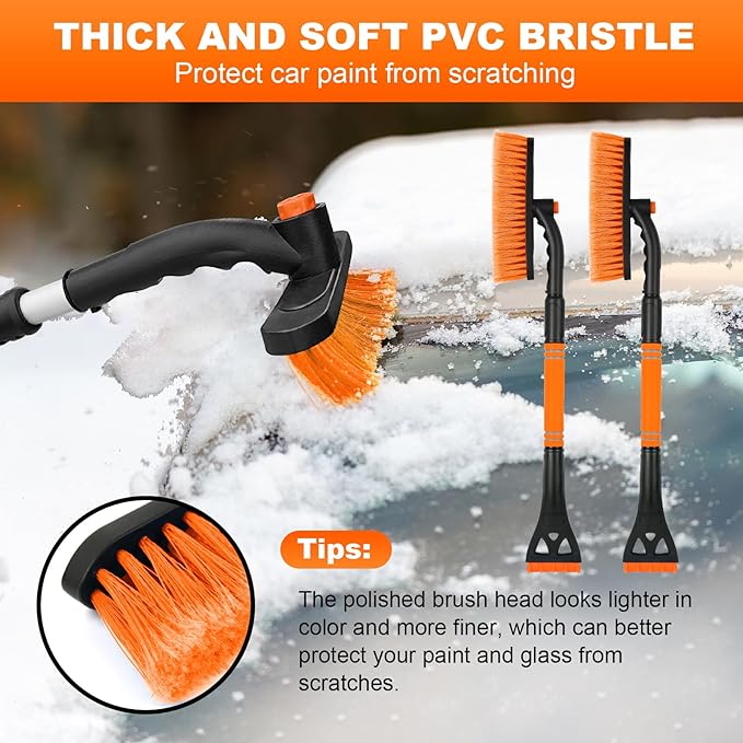 2Pack Ice Scrapers for Car Windshield, 2-in-1 Snow Scraper and Snow Brush for Car SUV Truck, Car Ice Windshield Scraper for Ice and Snow with 360° Pivoting Brush and Ergonomic Foam Grip Blue Orange
