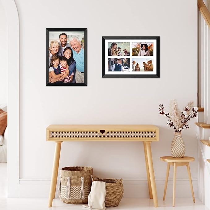 9x13 Collage frame with 4 Openings 4X6 Pictures, Multiple Picture Frame with Mat, Wall or Tabletop Decor, Black Wood Grain (1 Pack)