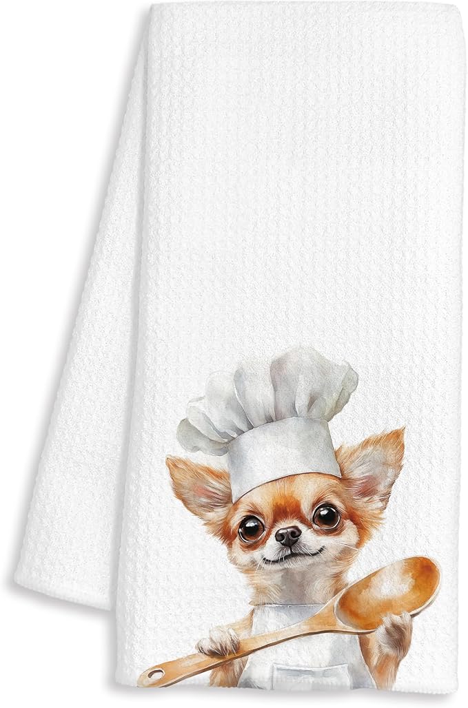 Funny Chihuahua Chef Kitchen Towels, Chihuahua Gifts for Women Men, Gifts for Chef, Funny Dog Decorative Dish Hand Tea Towels for Kitchen Bakery, 16x24 Inch