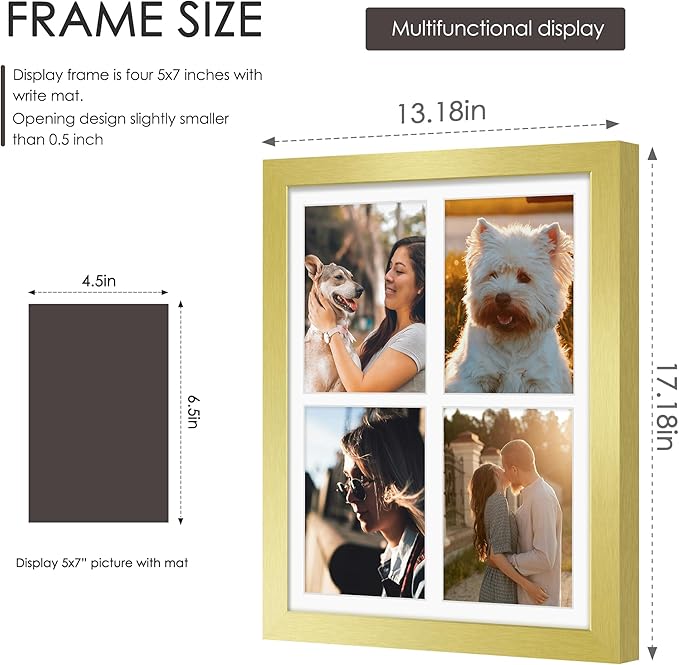 12x16 Picture Frame 5x7 Collage Picture Frame Displays Four 5x7 inch Photos or 12x16 (Without Mat) for Available Horizontal Wall Mounting Display and Vertical Gold