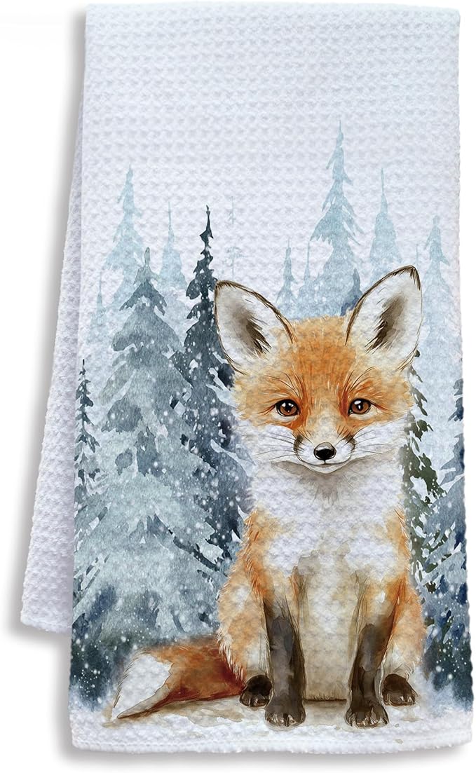 Winter Christmas Fox Kitchen Towels, Fox Gifts, Animal Lover Gifts Dish Tea Towels for Kitchen, Winter Pine Tree Forest Decorative Hand Towel for Kids Bathroom Decor, 16x24 Inch