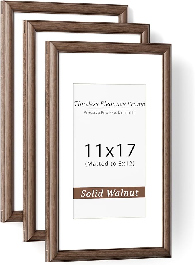 Natural Walnut 11x17 Picture Frames Mat to 8x12 Picture Display Set of 3,Original Wood Handcrafted 11x17 Diploma Frame with Tempered Glass Graduation Family Wedding Certificate Photo Wall Mounted