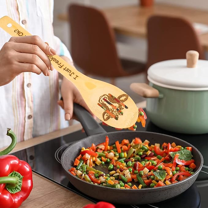 5PCS Cow Wooden Cooking Spoons Set Bamboo Cooking Spoons | Cow Kitchen Decor Housewarming Wedding Anniversary Thanksgiving Christmas for Mom Women Animal Lovers