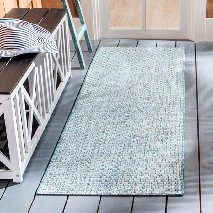 SAFAVIEH Washable Rug Outdoor Courtyard Collection - 2'3" x 6'7" Runner, Light Blue & Light Grey, Non-Shedding & Easy Cleaning, Ideal for Patio, Entryway, Mudroom, Hallway, Kitchen (CY8653-37121)