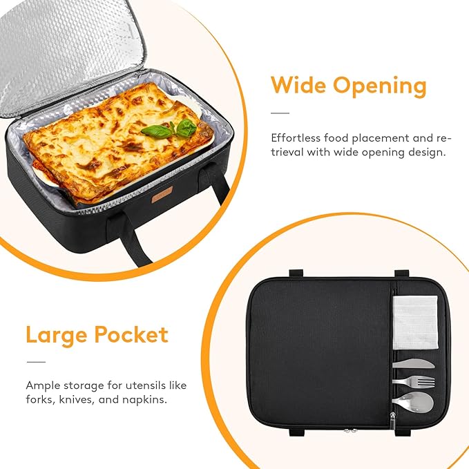LUNCIA Insulated Single Decker Casserole Carrier, Lasagna Lugger Tote Keeps Food Hot or Cold, Thermal Lunch Bag for Potluck Parties, Picnic and Cookouts, Fits 9" x 13" Baking Dish, Black