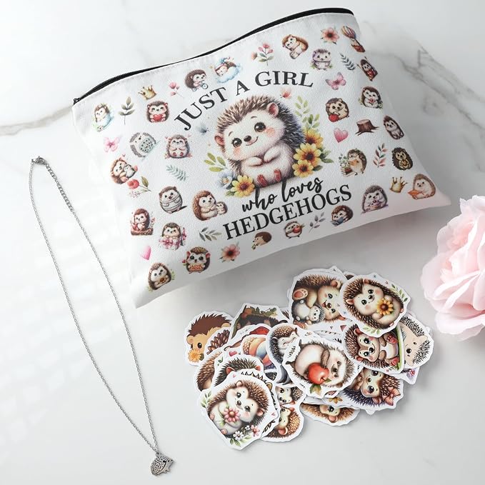 Hedgehog Gifts for Women - 52 Pcs Hedgehogs Accessories Set | Makeup Bag with Stickers Necklace Christmas New Year Party Birthday Gift for Daughter Niece Sister Friend Bestie Animal Lover