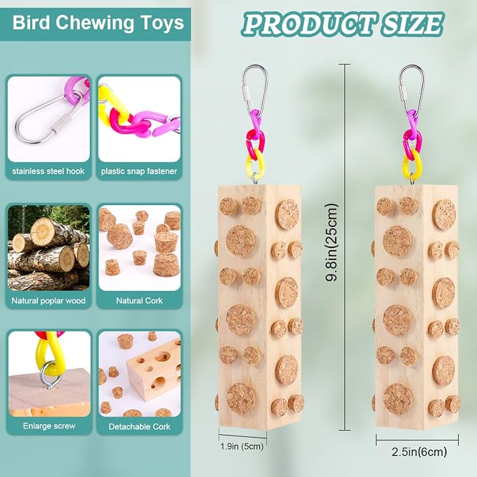Bird Foraging Toy Parakeet Toys for Budgie, Conure, Cockatiel, Lovebird, and Small to Medium Parrots, 2 Pack Hanging Parrot Toy with 92 Detachable Corks, Natural Wood