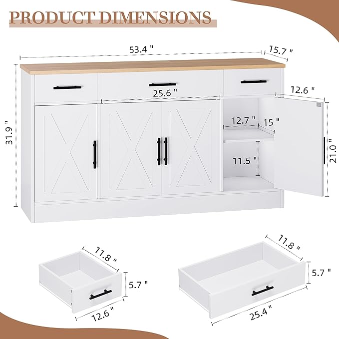 Shintenchi Buffet Cabinet with Storage,53.4" Large Kitchen Storage Cabinet with 3 Drawers and 4 Doors,Wood Farmhouse Buffet Sideboard with Adjustable Shelf for Kitchen Living Room, White