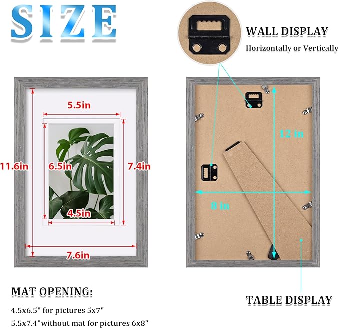 Egofine 8x12 Picture Frames Set of 4, Made of Solid Wood Covered by Plexiglass 5x7 and 6x8 with Mat or 8x12 without Mat, for Table Top Display and Wall Mounting Photo Frame Light Grey