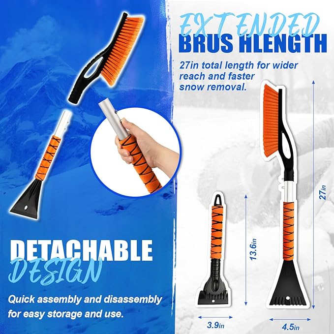 DIYSELF 27" Snow Brush with Two-Size Ice Scrapers for Car Windshield, 4 Pack Detachable Snow Removal Tool, Ergonomic Foam Grip, Snow Scraper for Car, Trucks, SUV, Christmas Stocking Stuffers for Men