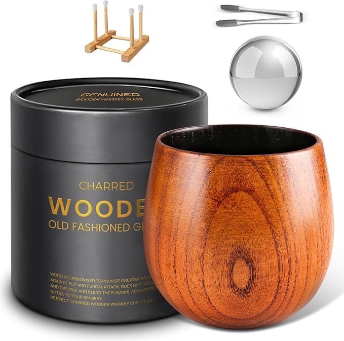 GENUINED Enlarged Charred Wooden Whiskey Glasses, Bourbon Gifts for Men, Anniversary, Birthday, Christmas Gifts, Old Fashioned Smoked Bourbon Drinking Glass(1 Pack)