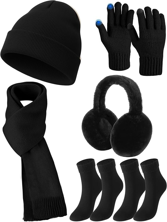 Geyoga 6 Pcs Women Winter Beanie Hat Scarf Gloves Ear Muffs Fuzzy Socks Set, Touchscreen Gloves for Thermal Gift Cold Weather