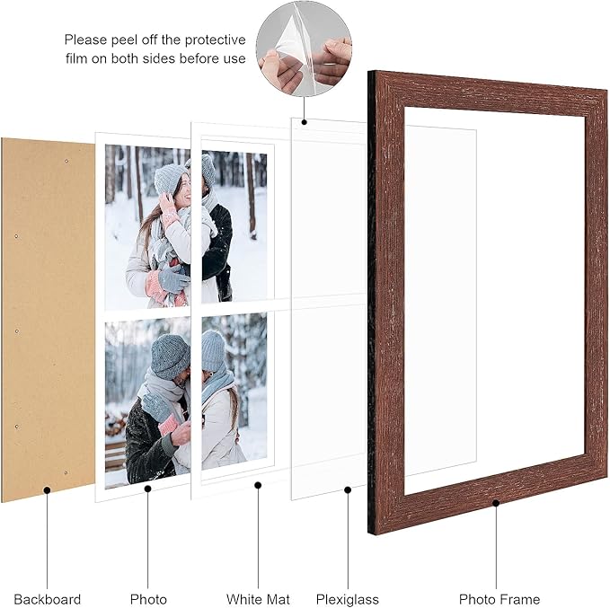 11x17 Picture Frame Display 2 opening 8X10 Double Picture Frame Collage,Multi Photo Frame with Mat,Plexiglass,Wall Mount Decor,Walnut Wood Grain