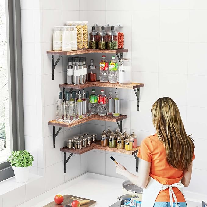 ROMGUAR CRAFT Corner Floating Shelves Wall Mounted Set of 4, Rustic Wood Storage Display Wall Shelves for Home Decor, Bathroom, Kitchen, Bedroom, Living Room, Office (Carbonized Brown)