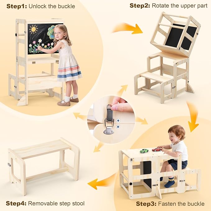 Toddler Kitchen Step Stool, 4-in-1 Foldable Standing Tower with Blackboard, Toddler Step Stool for Bathroom Sink, Kitchen Counter, Ages 18 Months+