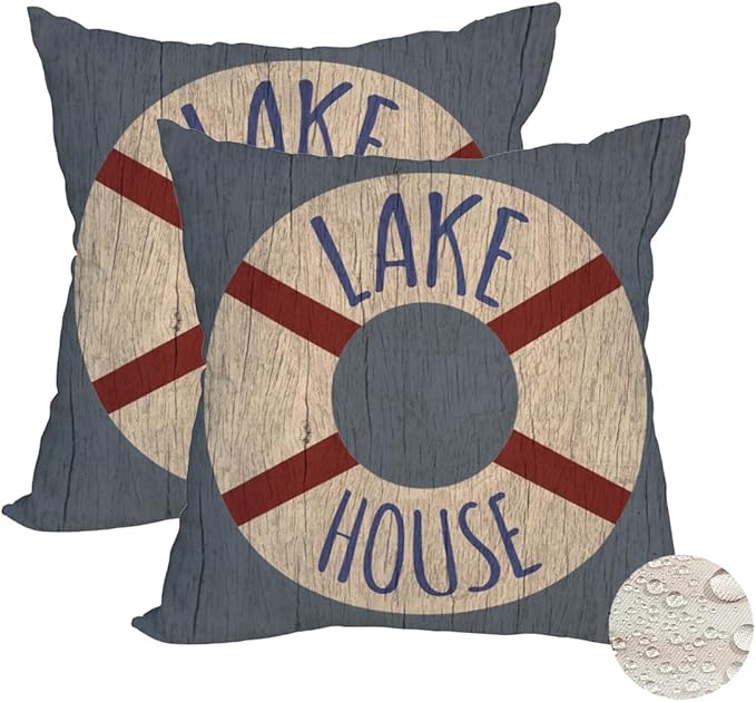 Fukeen 2 Waterproof Outdoor Lake House Pillow Covers 20x20 Inch Vintage Summer Coastal Nautical Life Buoy Throw Pillow Cases Ocean Rustic Farmhouse Decorations Cushion Cover Double Sided