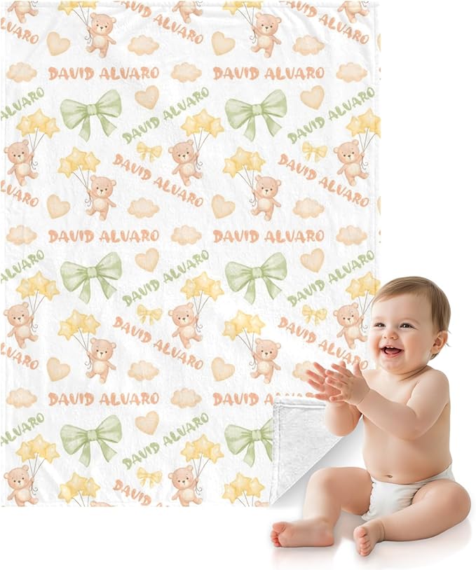 Ship Next Day Personalized Baby Blanket, Printed in USA - Custom Name Toddler Blanket with Plush Bear Pattern, Personalized