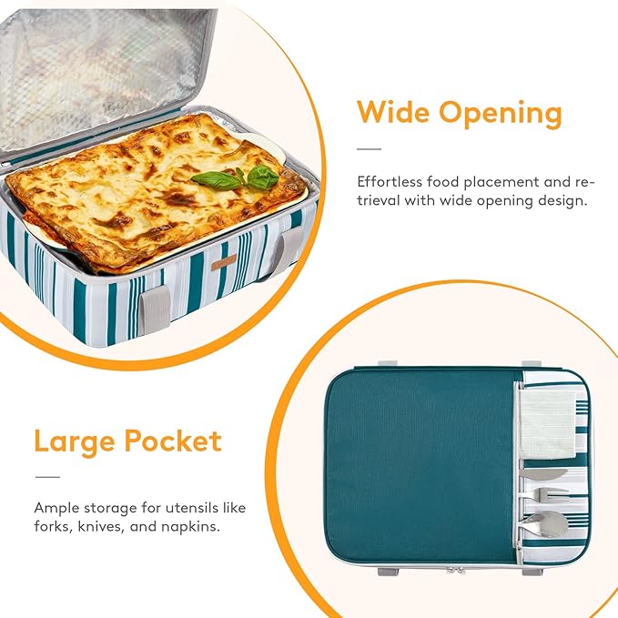 LUNCIA Insulated Single Decker Casserole Carrier, Lasagna Lugger Tote Keeps Food Hot or Cold, Thermal Lunch Bag for Potluck Parties, Picnic and Cookouts, Fits 9" x 13" Baking Dish, Green