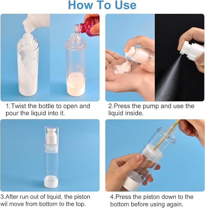 Airless Pump Bottles, 3.4oz/100ml lotion dispenser & Mist Spray Bottle for Toiletries, Refillable Travel Lotion Container,2pack Small Pump Bottle with 2pcs of 100ml Travel Pouches & Labels
