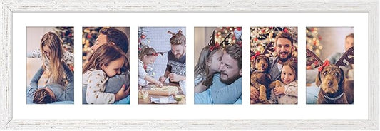 8x26 Collage frame with 6 Openings 4X6 Pictures, Multiple Picture Frame with Mat, Wall or Tabletop Decor, White Wood Grain (1 Pack)