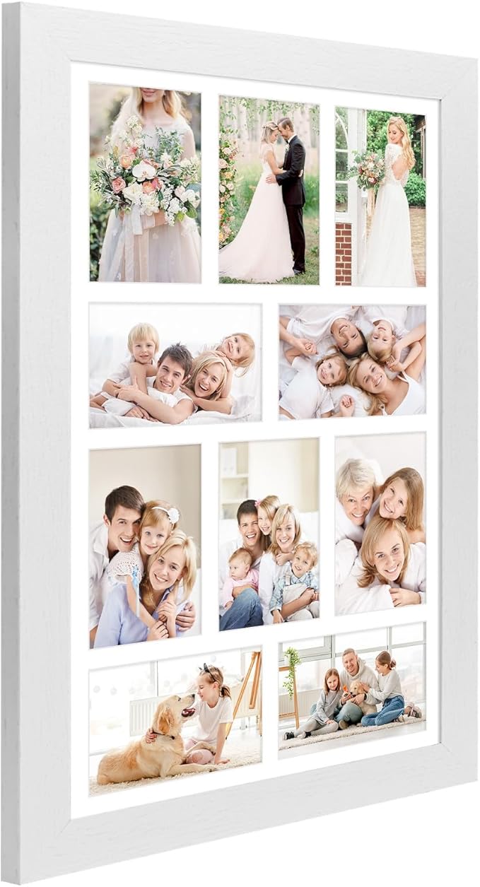 13x21 Picture Frame Display 10 opening 4X6 Picture Frame Collage,Multi Photo Frame with Mat,Plexiglass,Wall Mount Decor,Distressed White Wood Grain