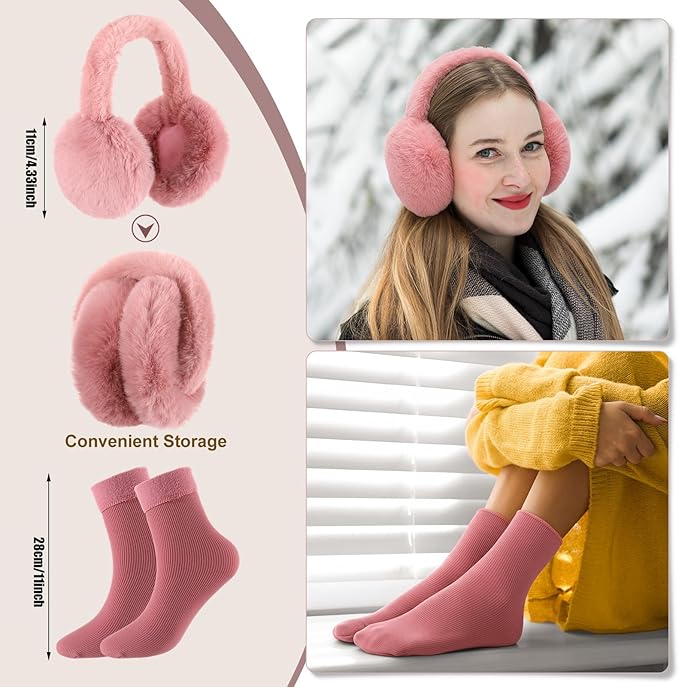 Geyoga 6 Pcs Winter Hat Scarf Gloves Set Knitted Touchscreen Gloves Plaid Scarf Earmuffs Socks Gift for Women Men