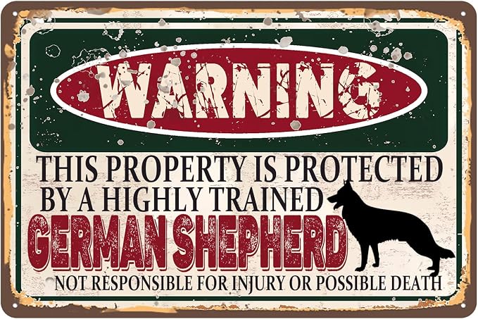 Vintage German shepherd Metal Sign Wall decor | Warning this property is protected by a highly trained German shepherd Sign Funny Tin Signs 12x8 Inch