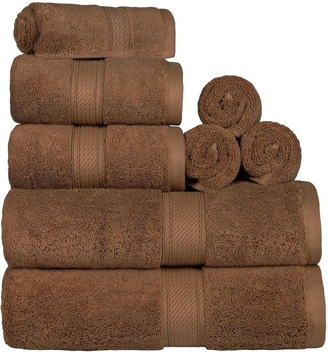BLUENILEMILLS Madison Egyptian Cotton Towels, Towel Set for Bathroom, Shower, Hotel, Plush, 900 GSM, Highly Absorbent and Ultra-Soft Towels, Bath Essentials, 8 Piece Assorted Towel Set, Chocolate