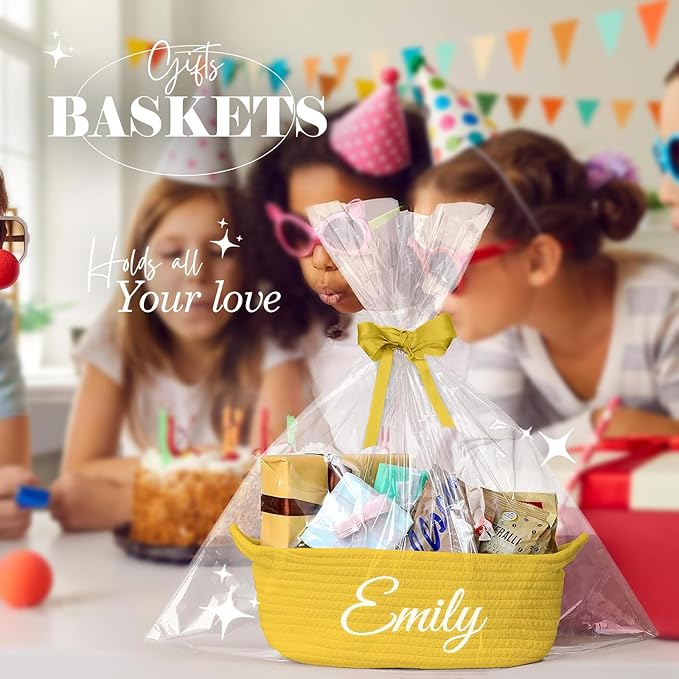 HUTARIO Personalized Yellow Basket Embroidered Name with Gift Bags and Ribbons,Small Rope Woven Baske Empty，Durable Storage Custom Basket with Handles for Baby Showers or Birthday,12"×8"×5"