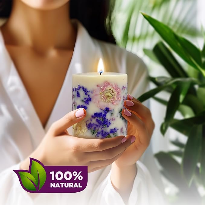 VIONAMI Botanical Scented Pillar Candle - Tropical Rare Flower Fragrance Candles Gifts for Women, Gift Ready - Decorative Natural Soy Scented Candles with Dried Flowers for Home (Forget Me)
