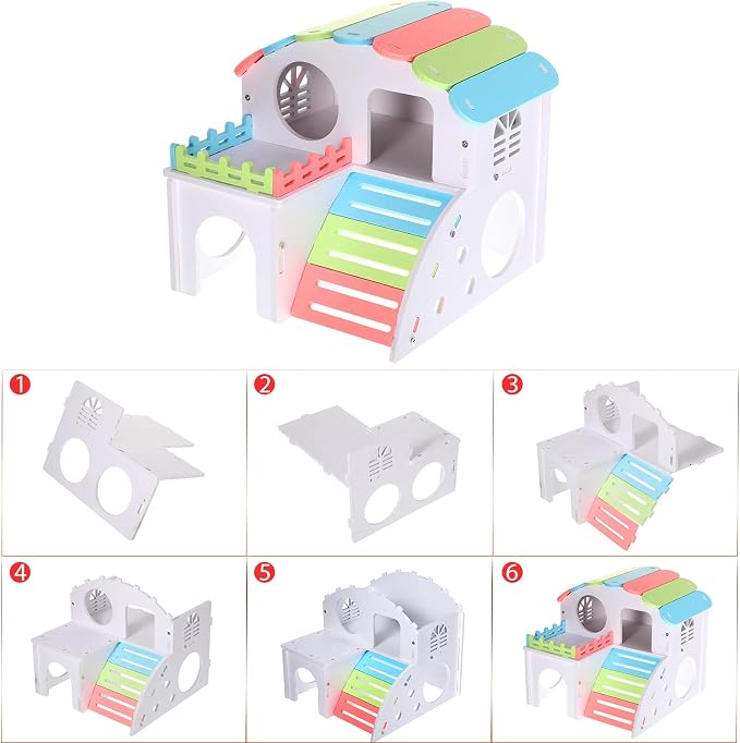 Skylety 3 Pieces Fun Hamster Guinea Pig Hideout Kit, Large, Rainbow Color | Include PVC Hamster House, Rainbow Bridge, Seesaw DIY Exercise Playhouse for Rats Mouse Small Animals