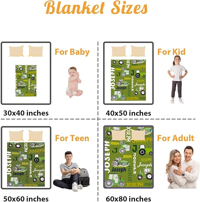 Personalized Tractors Blanket - Custom Name with Farm Tractor Trucks Design - Soft Plush Flannel Bed Blanket for Baby Kid Teen Boys Girls Customized Gifts Olive Green