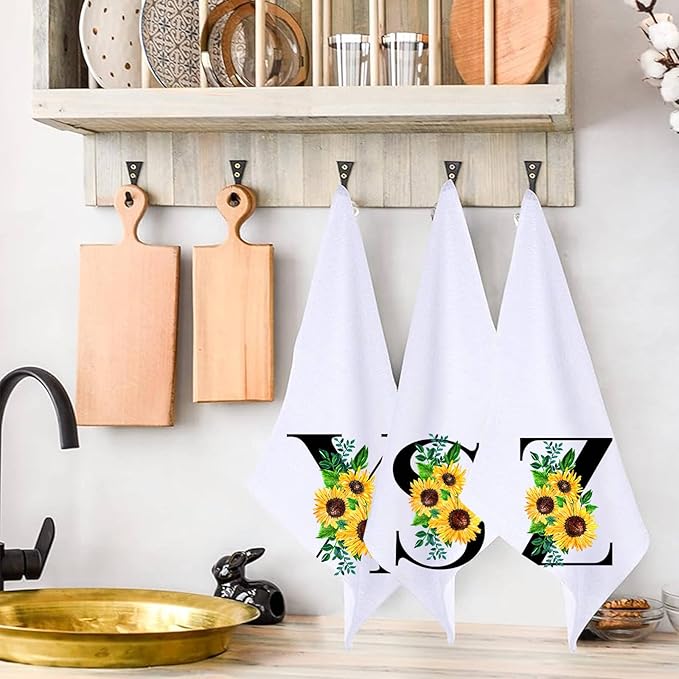 Monogrammed Sunflower Hand Towels,Ini-tial F Tea Towel Letter Kitchen Towels,Sunflower Gifts for Women,Monogram Dish Towel 17x23 Inch,Kitchen Bathroom Decorative Ini-tial Gifts for Mom Wife