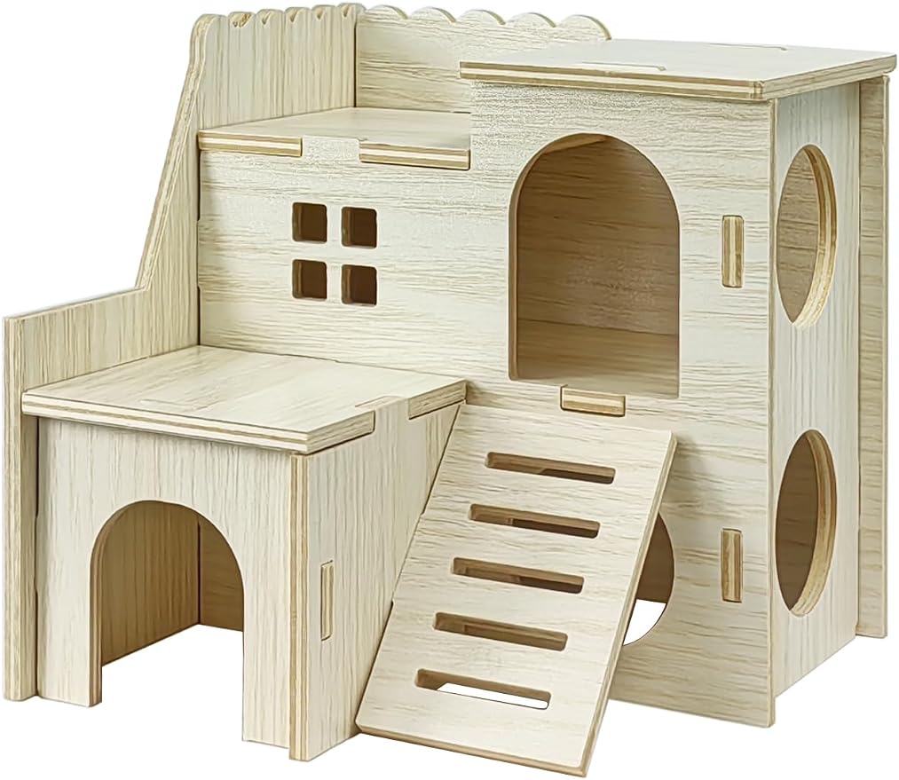 Hamster Hideout Cage Accessories - Hamster House and Habitat Wooden Hide Hut with Climbing Ladder for Dwarf Gerbils and Mouse Mice Rat Other Small Animals etc.