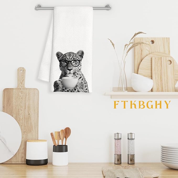 Funny Leopard Decor Coffee Kitchen Towels Gift, Leopard Gifts for Women, Coffee Gifts for Women, Animal Lover Gift Decorative Dish Hand Tea Towels for Kitchen Home Bar Decor, 16x24 Inch