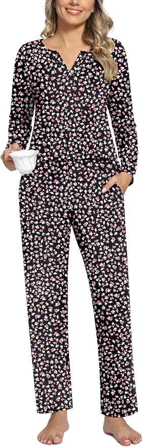 Anyally Women's Plus Size Pajama Sets Ladies Fall Pjs 2 Pieces Lounge Outfits V Neck Long Sleeves Sleepwear with Pockets