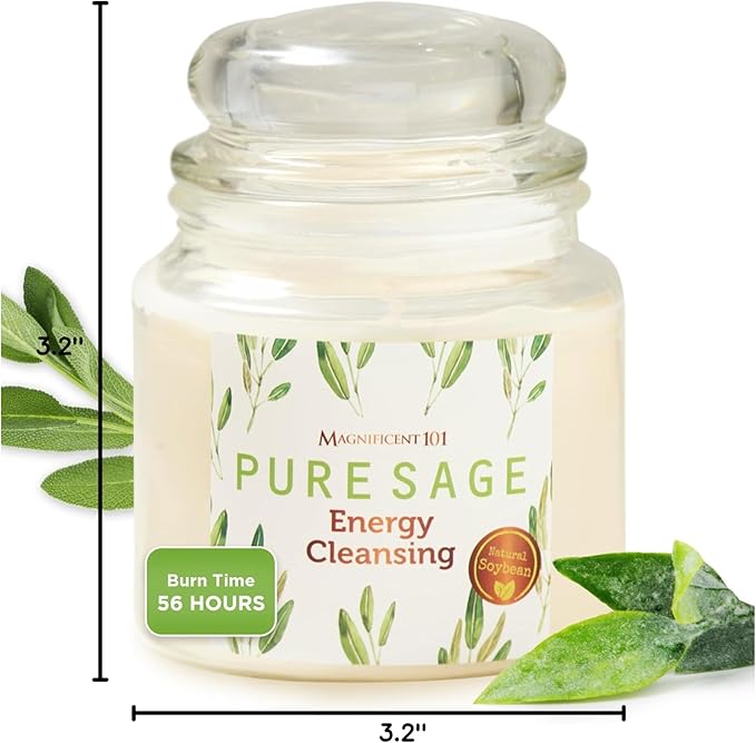 Magnificent 101 Pure Sage Energy Cleansing Aromatherapy Glass Candle for Meditation, Manifestation, and Intention-Setting - 14.5 oz with Lid, Natural Soy Wax and Essential Oil | 56-Hour Burn Time