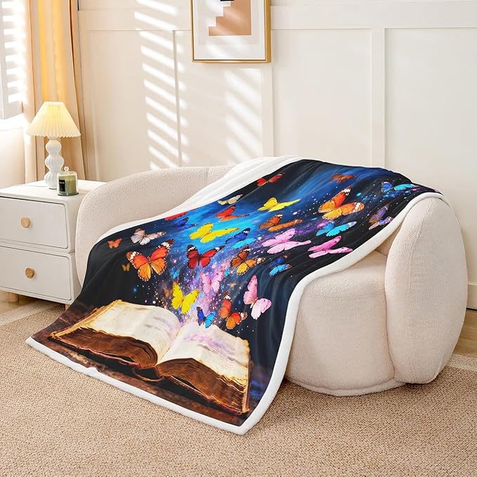 Feelyou Colorful Butterfly Fleece Throw Blanket 40"x50" Kids Library Book Sherpa Blanket Plush Fuzzy for Bed Couch Chair Living Room, Reading Bed Blanket Butterfly Emerging from Book Room Decor