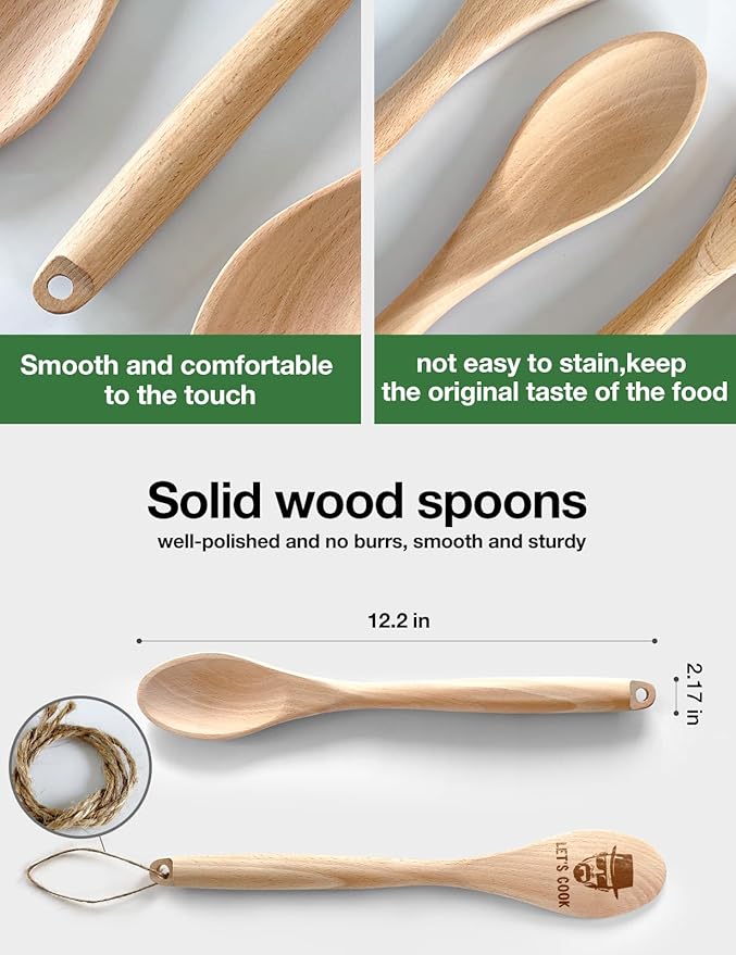 Funny Let's Cook Wooden Spoons for Cooking, Salad Mixing Stir Serving Spoon, Engraved Wood Spoons Kitchen Decor Accessories, Father's Day Birthday Gifts for Chef Dad Husband
