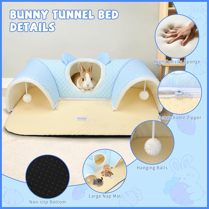 YUEPET 3-Way Bunny Tunnel Bed, Rabbit Play Tunnel for Medium Small Bunnies | Rabbit Tunnels for Indoor Bunnies, Removable Washable Cover, Anti-Slip Bottom, 29.5 x 21.7 in, For Guinea Pigs, Blue