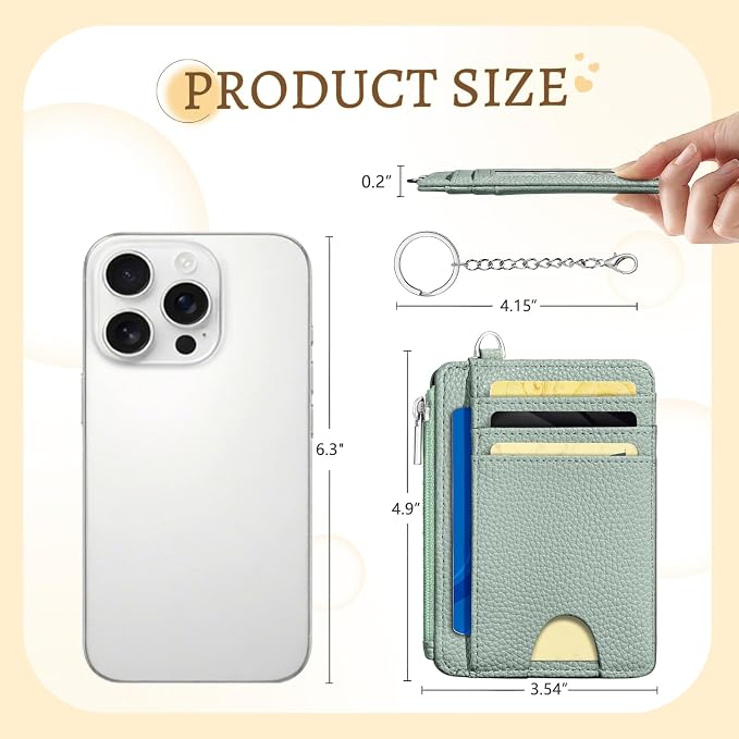 Kelvoris Credit Card Holder Small Wallet Women, Slim RFID, Green | Keychain, Zipper Coin Pocket, Front Pocket Thin Travel Card Case, Minimalist, 6 Card Slots, 1 ID Window, Ladies Gifts Woman
